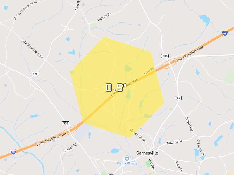 Hail map of Carnesville, GA on Jul 2, 2026, hail up to 0.5"