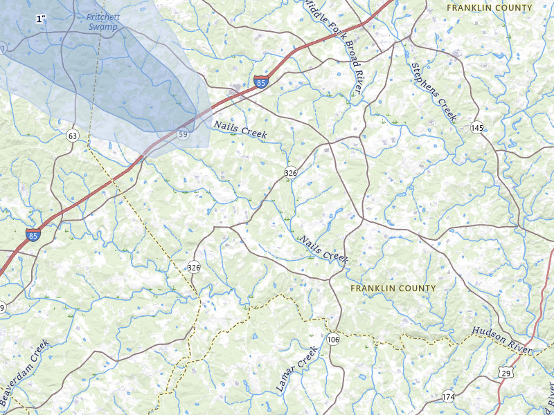 NEXRAD radar-signature map of the hail storm over Carnesville, GA on Jul 3, 2026