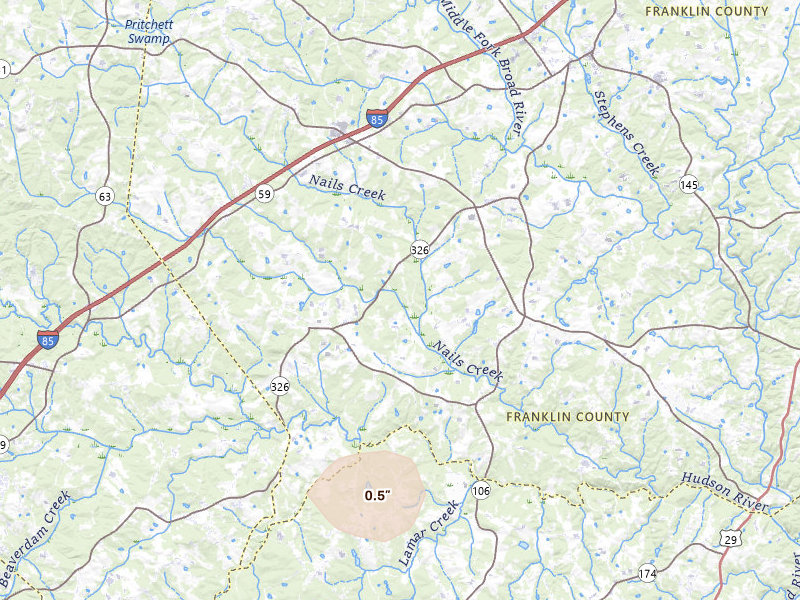 Radar-estimated hail-size map of the storm over Carnesville, GA on Jul 10, 2026