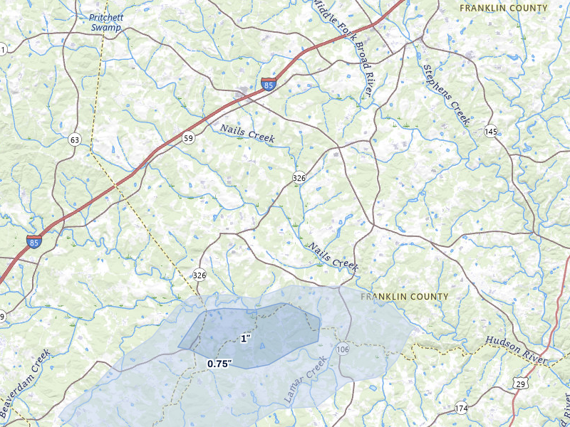 NEXRAD radar-signature map of the hail storm over Carnesville, GA on Jul 10, 2026