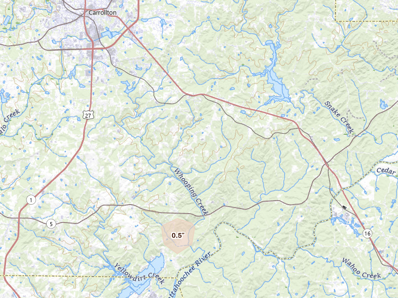 Radar-estimated hail-size map of the storm over Carrollton, GA on May 20, 2026