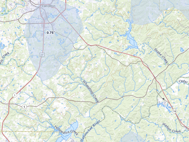 NEXRAD radar-signature map of the hail storm over Carrollton, GA on Jul 1, 2026