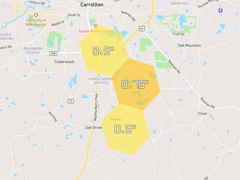 Hail map of Carrollton, GA on Jul 1, 2026, hail up to 0.75"