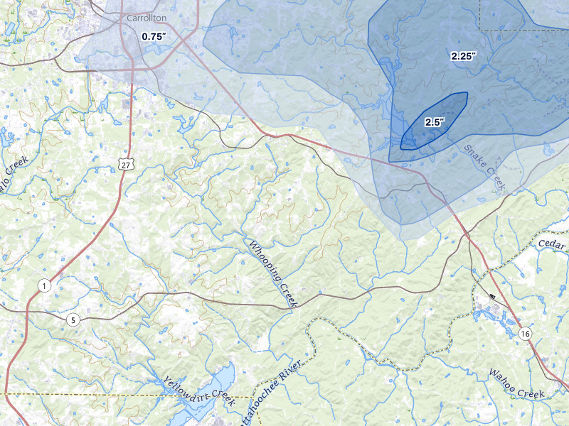 NEXRAD radar-signature map of the hail storm over Carrollton, GA on Jul 5, 2026