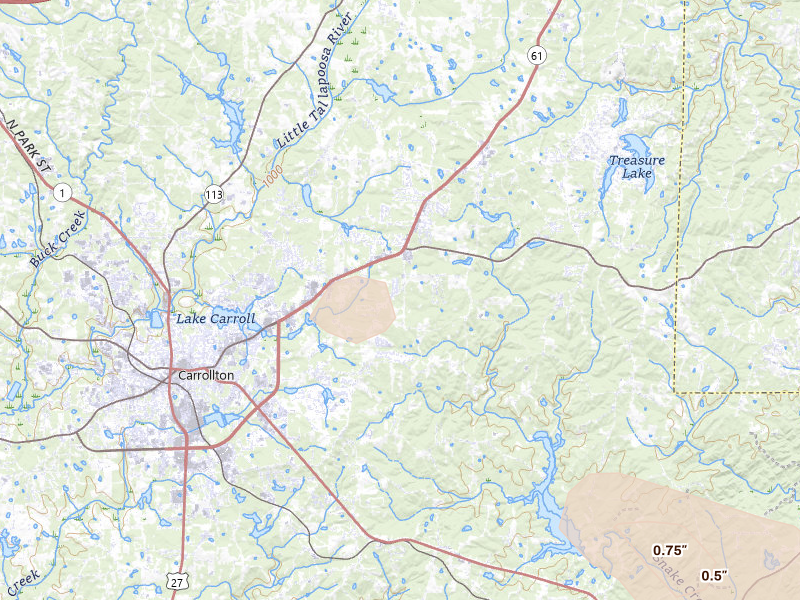 Radar-estimated hail-size map of the storm over Carrollton, GA on Aug 11, 2026