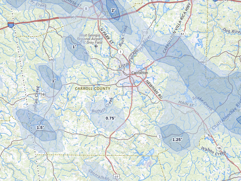 NEXRAD radar-signature map of the hail storm over Carrollton, GA on Aug 11, 2026