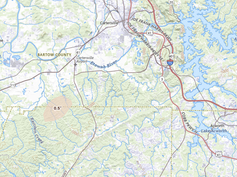Radar-estimated hail-size map of the storm over Cartersville, GA on May 20, 2026
