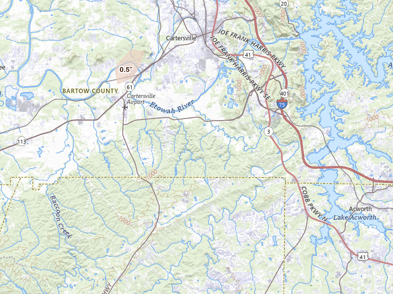 Radar-estimated hail-size map of the storm over Cartersville, GA on May 25, 2026