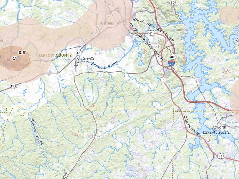 Radar-estimated hail-size map of the storm over Cartersville, GA on Jul 3, 2026