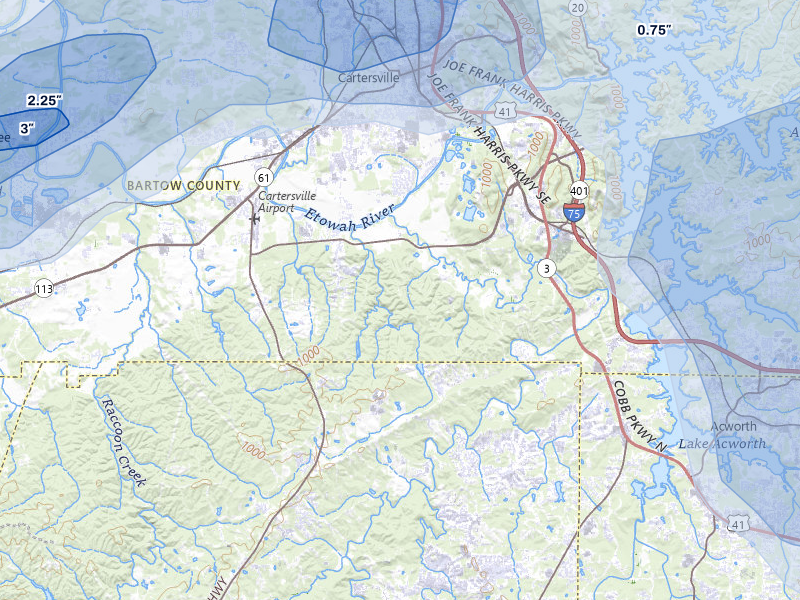 NEXRAD radar-signature map of the hail storm over Cartersville, GA on Jul 3, 2026