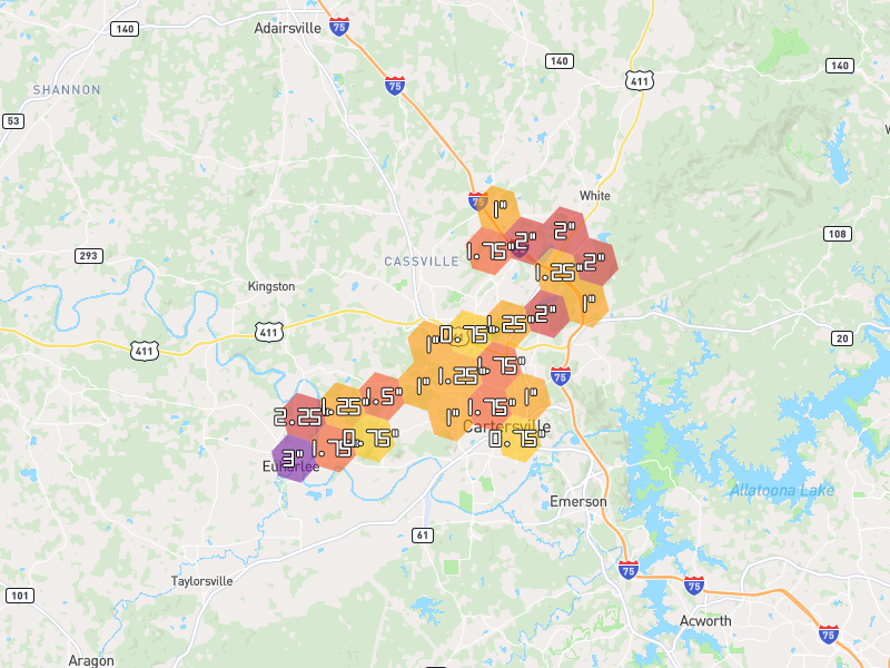 Hail map of Cartersville, GA on Jul 3, 2026, hail up to 3"