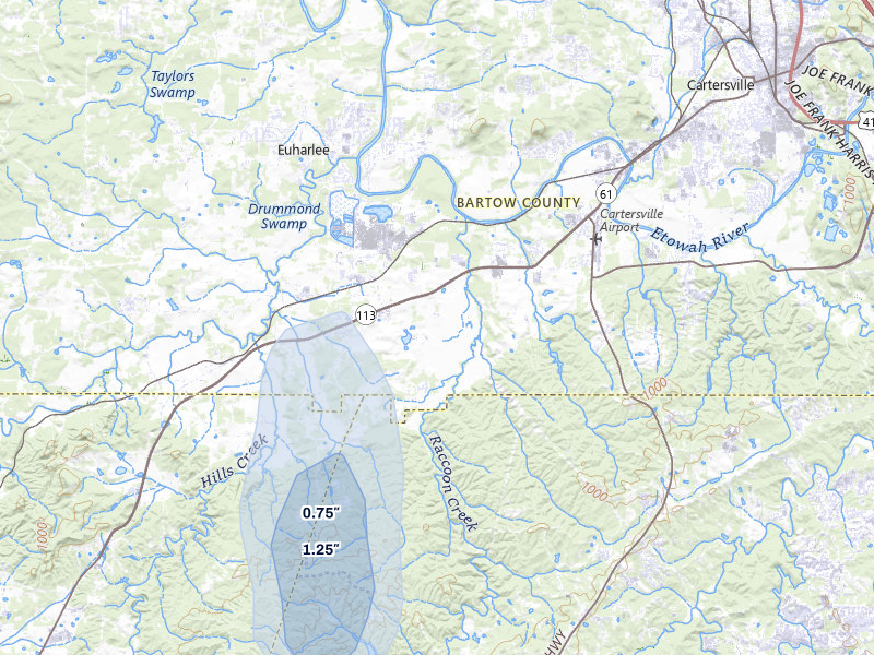 NEXRAD radar-signature map of the hail storm over Cartersville, GA on Aug 6, 2026