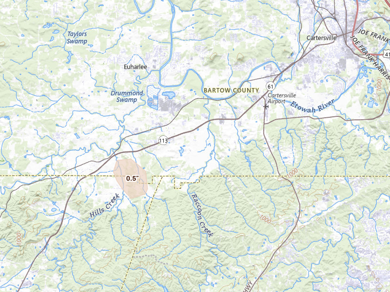 Radar-estimated hail-size map of the storm over Cartersville, GA on Aug 21, 2026
