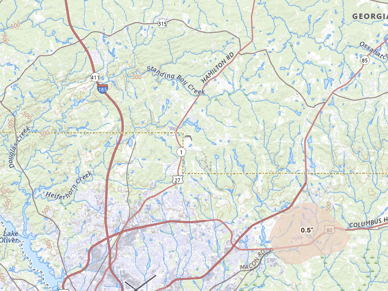 Radar-estimated hail-size map of the storm over Cataula, GA on Jul 5, 2026
