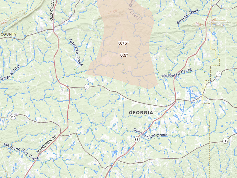 Radar-estimated hail-size map of the storm over Cataula, GA on Aug 11, 2026