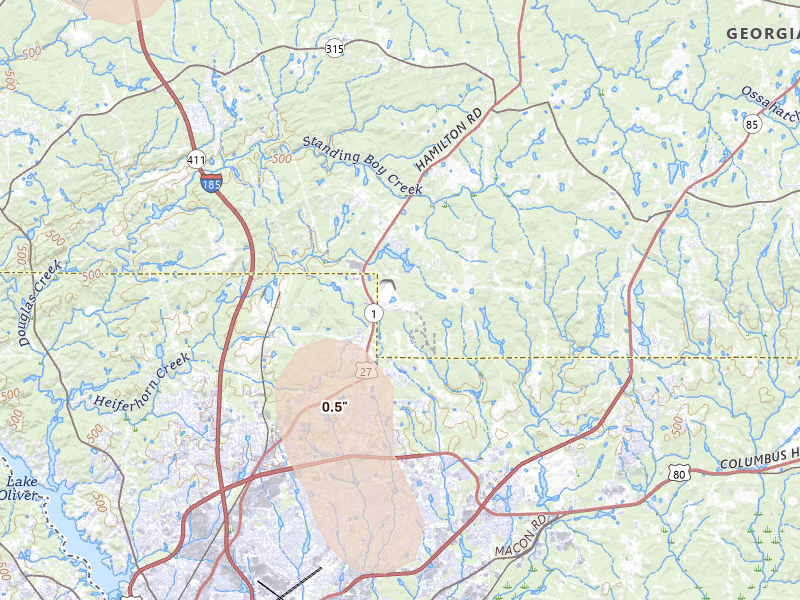 Radar-estimated hail-size map of the storm over Cataula, GA