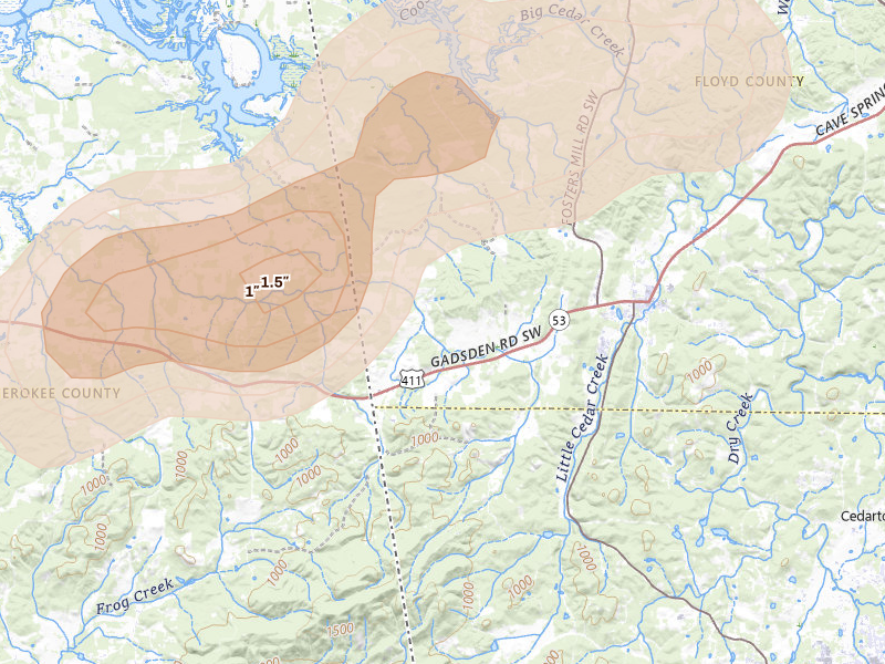 Radar-estimated hail-size map of the storm over Cave Spring, GA on Jul 3, 2026