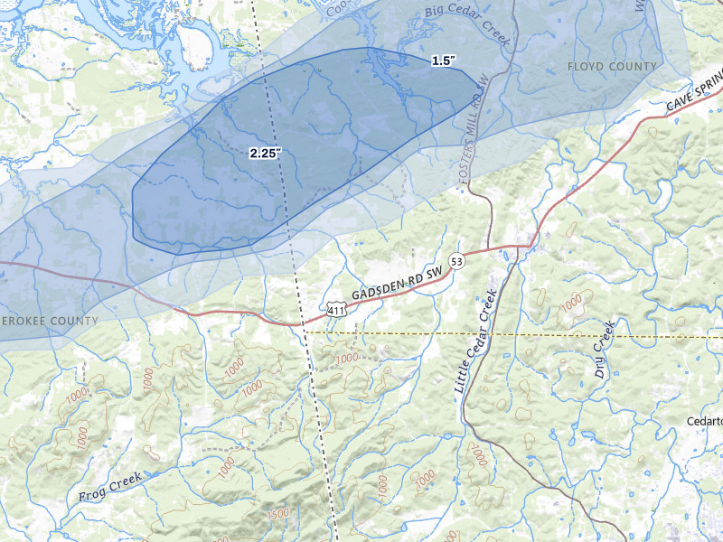 NEXRAD radar-signature map of the hail over Cave Spring, GA