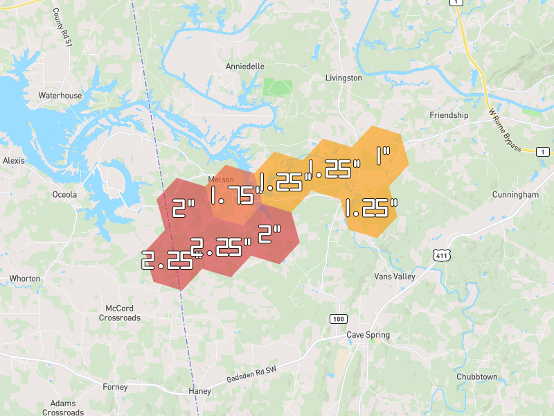 Hail map of Cave Spring, GA on Jul 3, 2026, hail up to 2.25"
