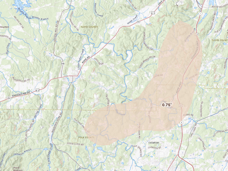 Radar-estimated hail-size map of the storm over Cave Spring, GA