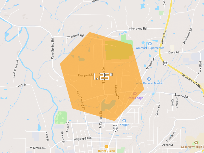Hail map of Cedartown, GA on Jul 2, 2026, hail up to 1.25"
