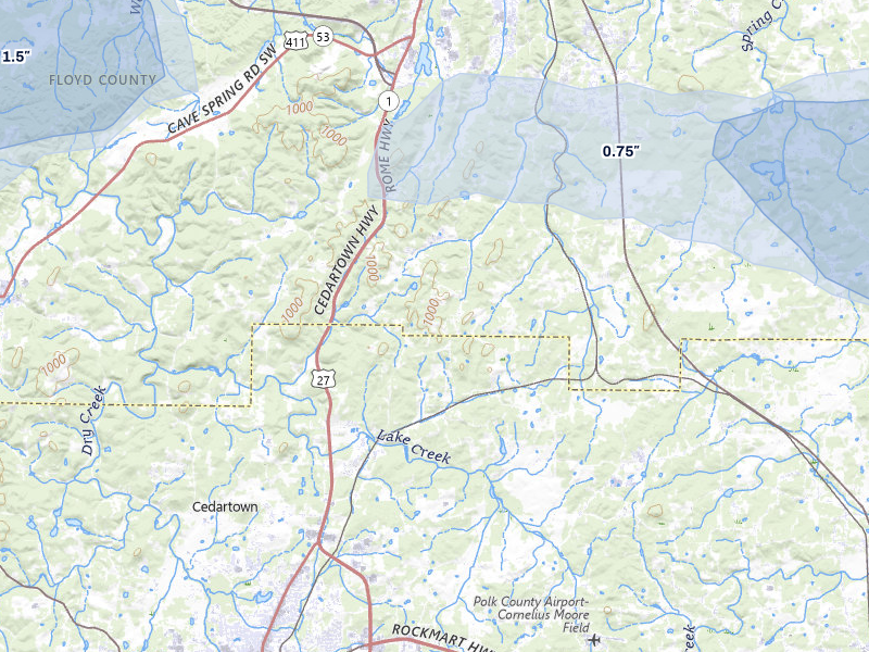 NEXRAD radar-signature map of the hail storm over Cedartown, GA on Jul 3, 2026