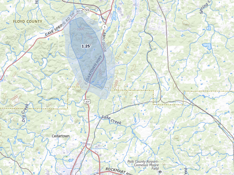 NEXRAD radar-signature map of the hail storm over Cedartown, GA on Jul 5, 2026
