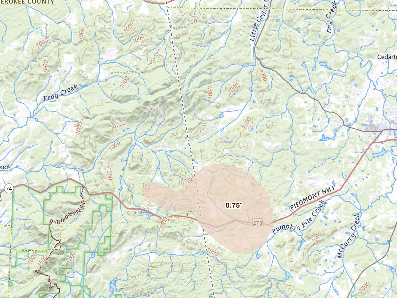 Radar-estimated hail-size map of the storm over Cedartown, GA on Aug 5, 2026