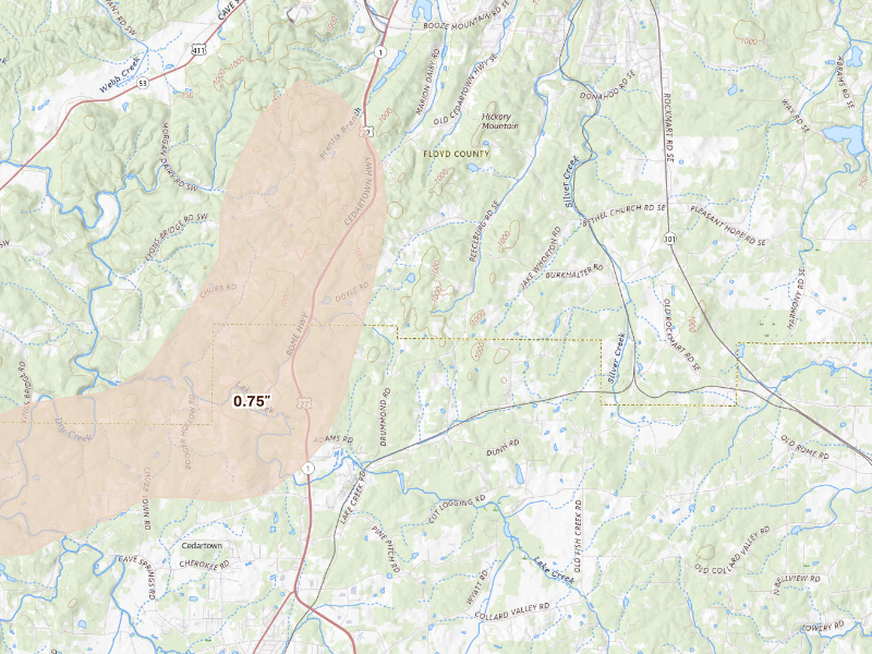 Radar-estimated hail-size map of the storm over Cedartown, GA on Sep 19, 2026