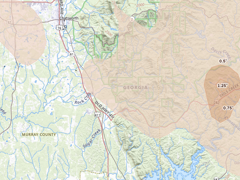 Radar-estimated hail-size map of the storm over Chatsworth, GA on Jul 28, 2026