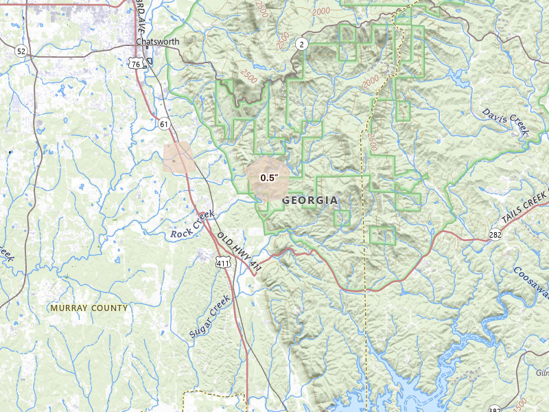 Radar-estimated hail-size map of the storm over Chatsworth, GA on Aug 11, 2026