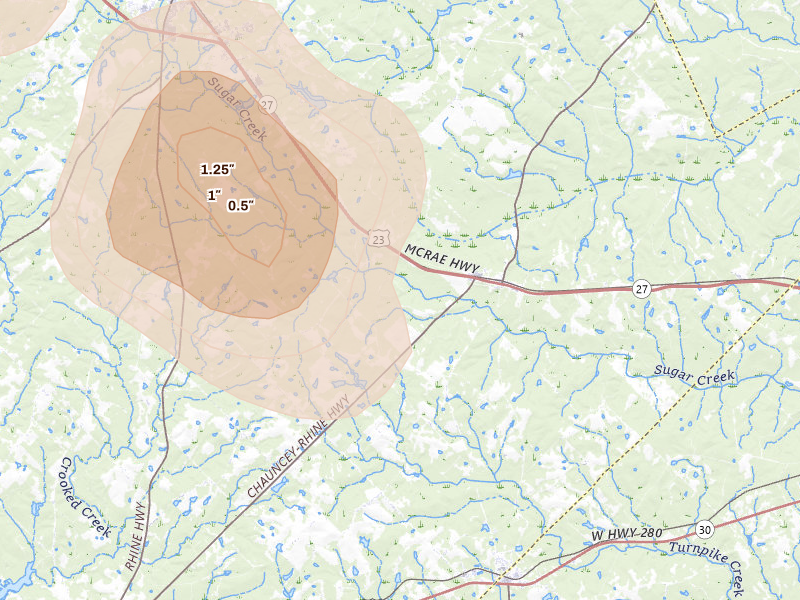 Radar-estimated hail-size map of the storm over Chauncey, GA on May 17, 2026