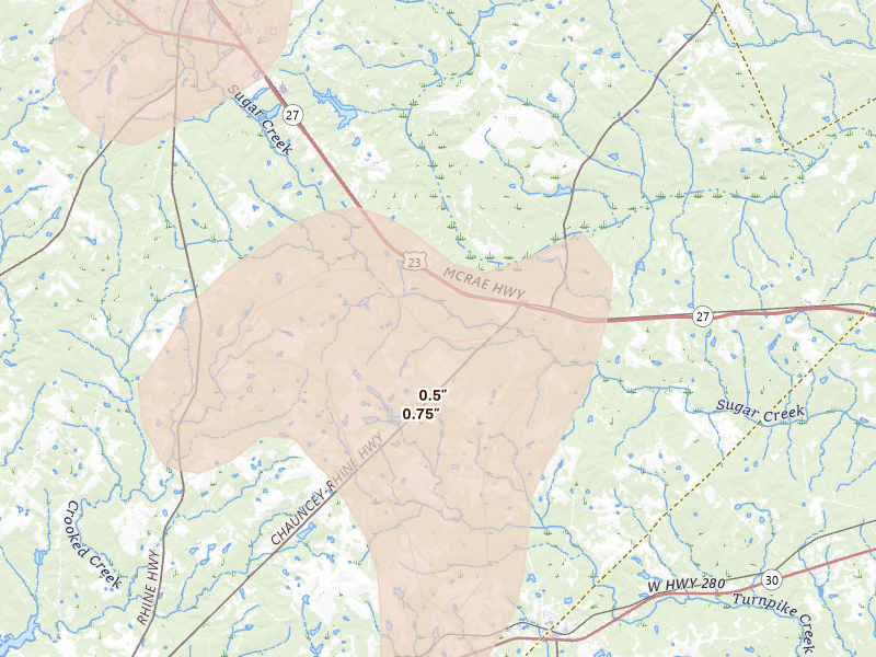 Radar-estimated hail-size map of the storm over Chauncey, GA on May 22, 2026