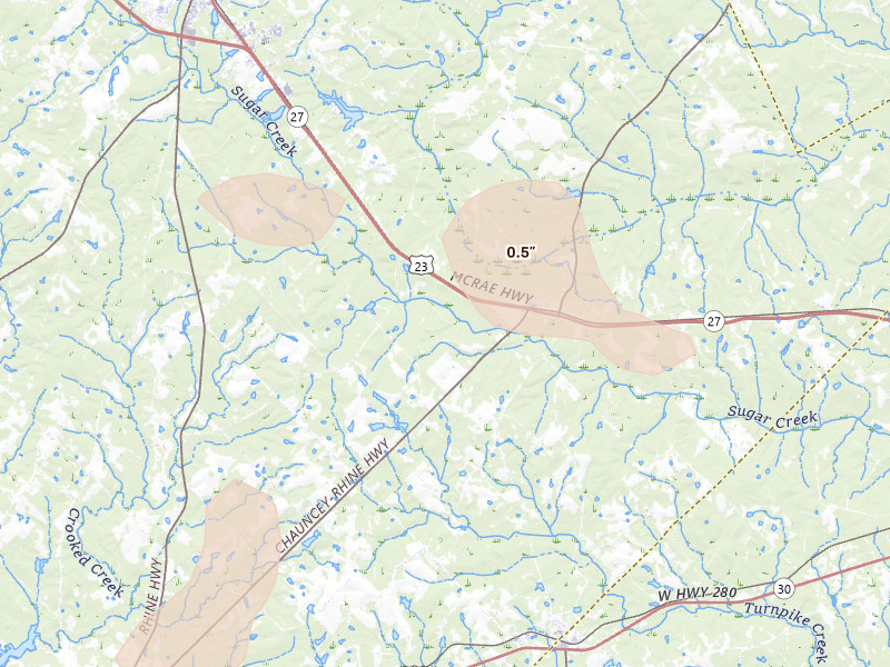 Radar-estimated hail-size map of the storm over Chauncey, GA on Aug 21, 2026