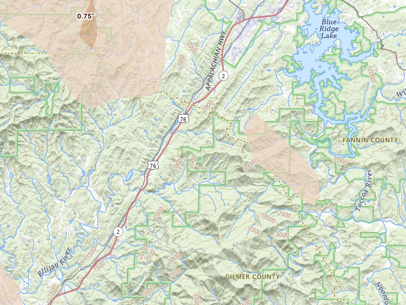 Radar-estimated hail-size map of the storm over Cherry Log, GA on Jul 28, 2026