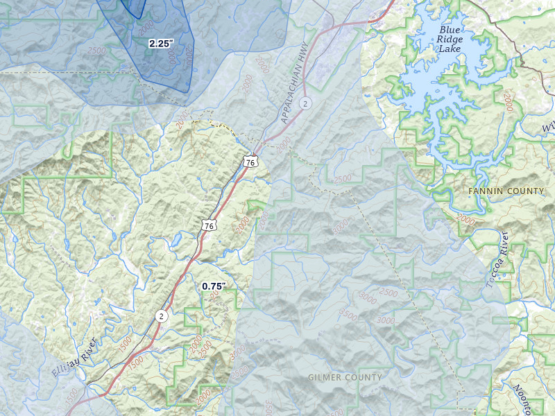 NEXRAD radar-signature map of the hail over Cherry Log, GA