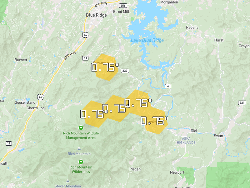 Hail map of Cherry Log, GA on Jul 29, 2026, hail up to 0.75"