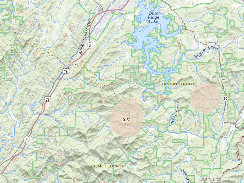 Radar-estimated hail-size map of the storm over Cherry Log, GA on Aug 4, 2026