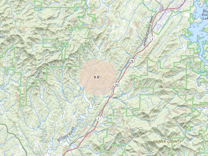 Radar-estimated hail-size map of the storm over Cherry Log, GA on Aug 14, 2026