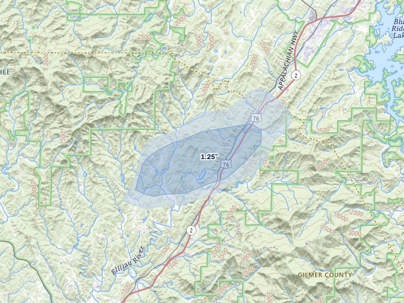 NEXRAD radar-signature map of the hail storm over Cherry Log, GA on Aug 14, 2026