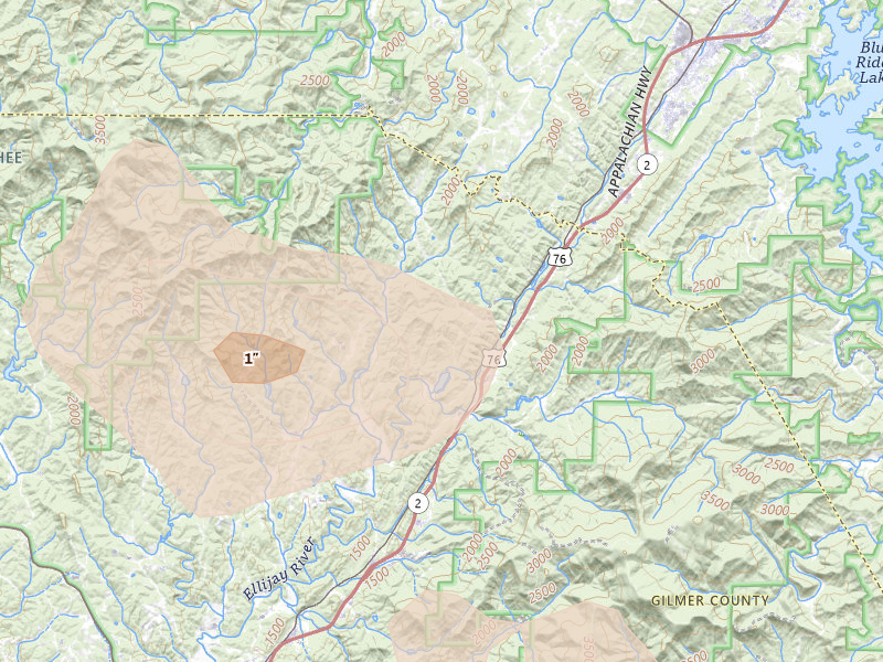 Radar-estimated hail-size map of the storm over Cherry Log, GA on Aug 17, 2026
