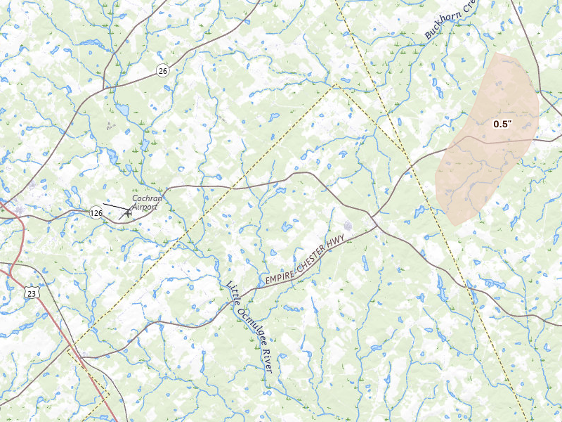 Radar-estimated hail-size map of the storm over Chester, GA on May 25, 2026
