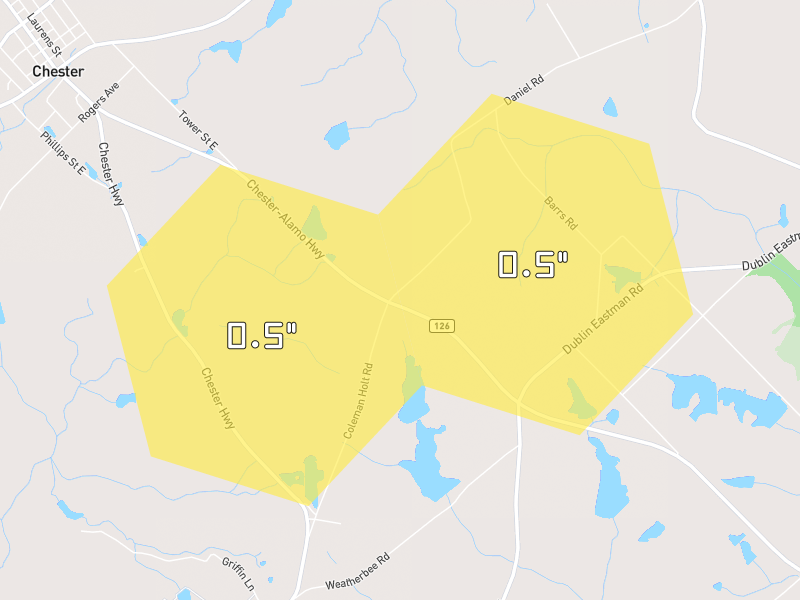 Hail map of Chester, GA on Jul 9, 2026, hail up to 0.5"