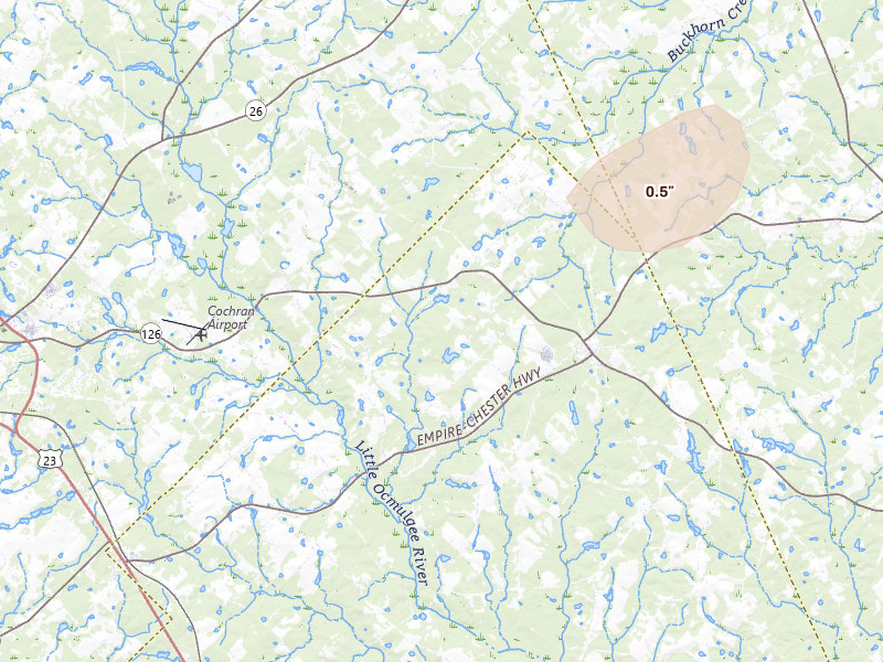 Radar-estimated hail-size map of the storm over Chester, GA on Jul 17, 2026