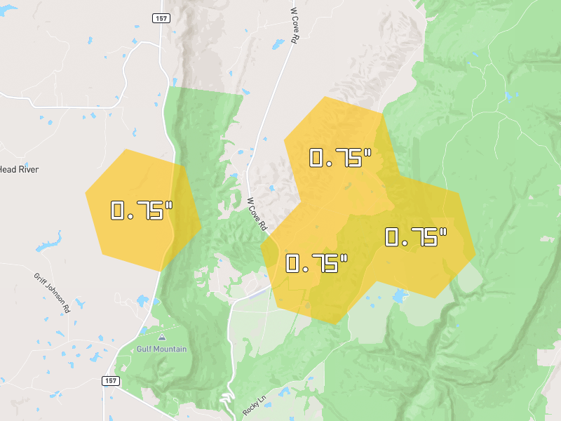 Hail map of Chickamauga, GA on Jul 2, 2026, hail up to 0.75"