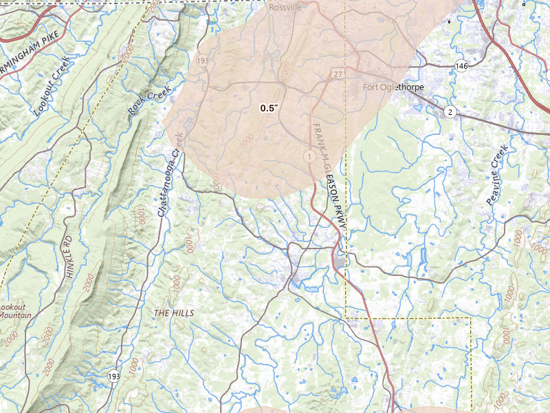 Radar-estimated hail-size map of the storm over Chickamauga, GA on Jul 3, 2026