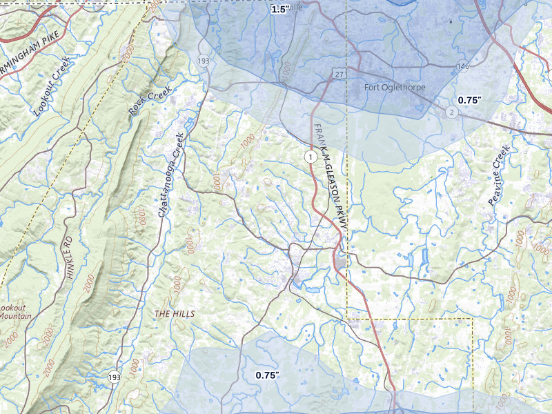NEXRAD radar-signature map of the hail storm over Chickamauga, GA on Jul 3, 2026