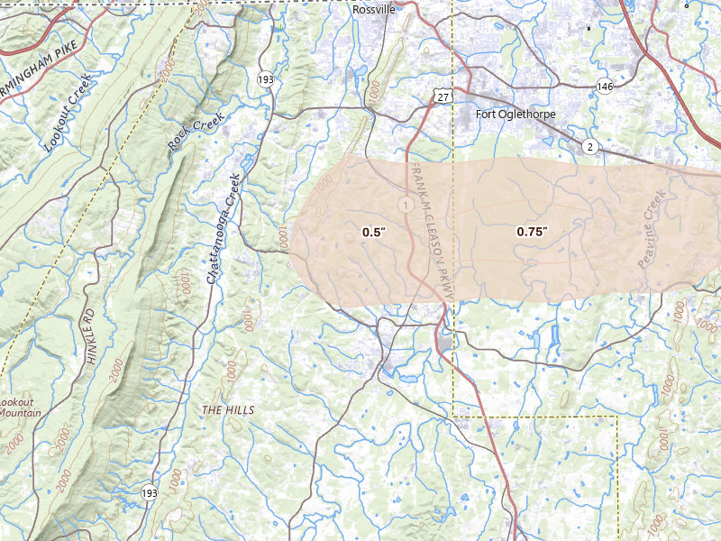 Radar-estimated hail-size map of the storm over Chickamauga, GA on Aug 1, 2026