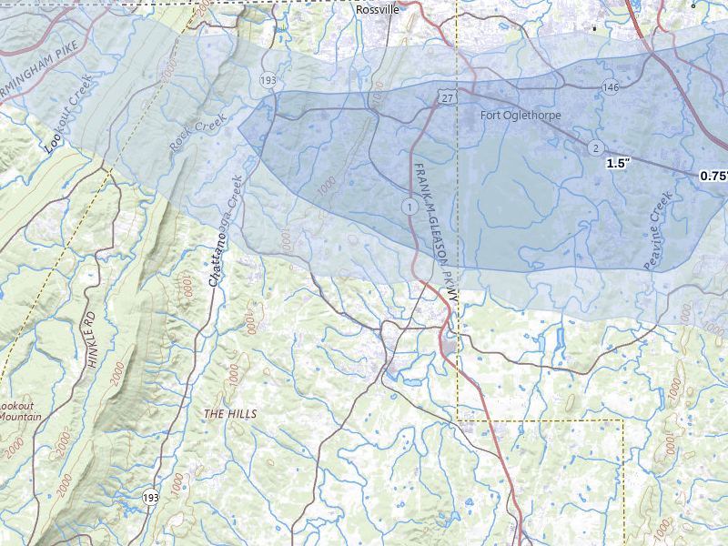NEXRAD radar-signature map of the hail storm over Chickamauga, GA on Aug 1, 2026