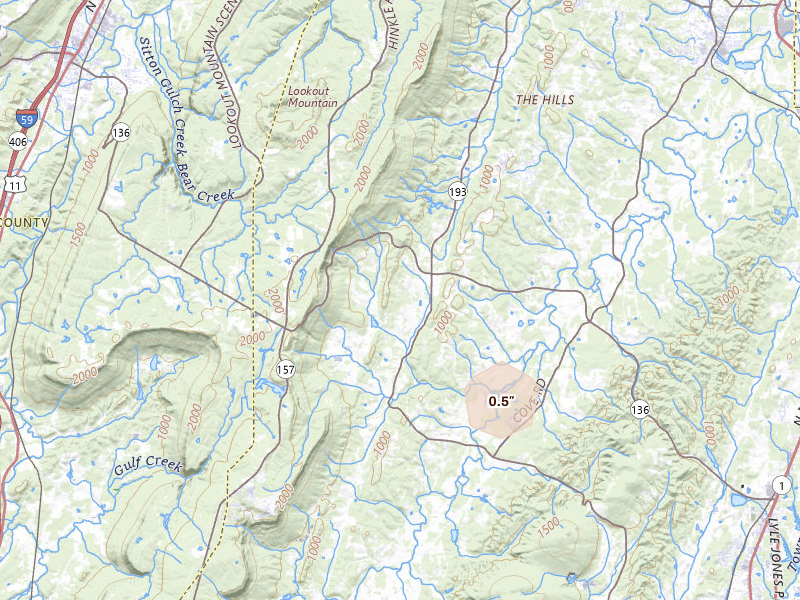Radar-estimated hail-size map of the storm over Chickamauga, GA on Aug 6, 2026